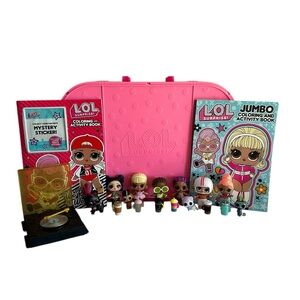LOL Surprise Lot Of Dolls, Case, Pets, 2 Coloring Books, And LOL Record Player